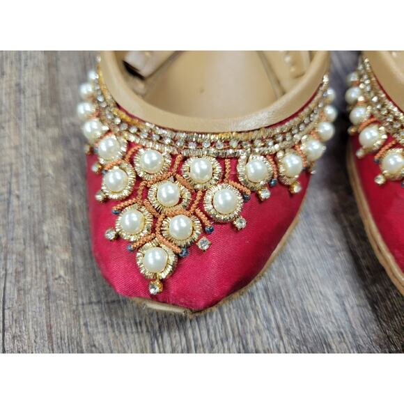Soma Hand Artisan Made Leather Beaded Velour Pakistan Shoes 6 Flats Red Yellow - Picture 2 of 13